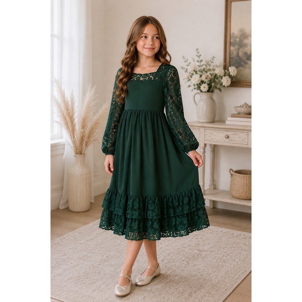 Girls Large Emerald Green Lace Long Sleeve Midi Dress Holiday Party Cottagecore
